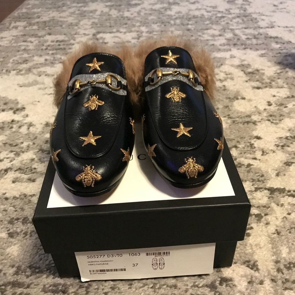 Gucci Princetown Black Leather mule with Gold Star and Bee Embroidery size 7